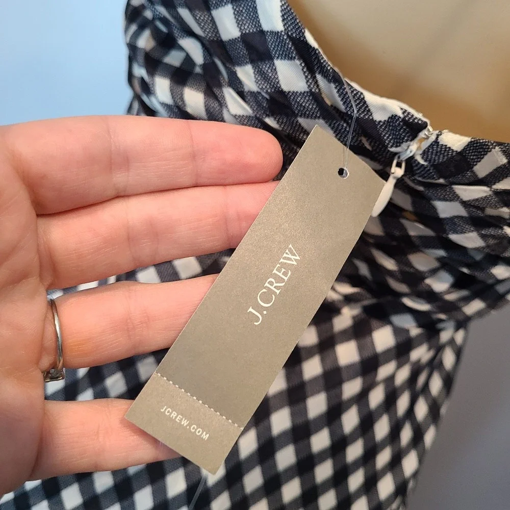 J crew collection tie neck maxi dress cap sleeve gingham black sz 12 Cottage NEW
